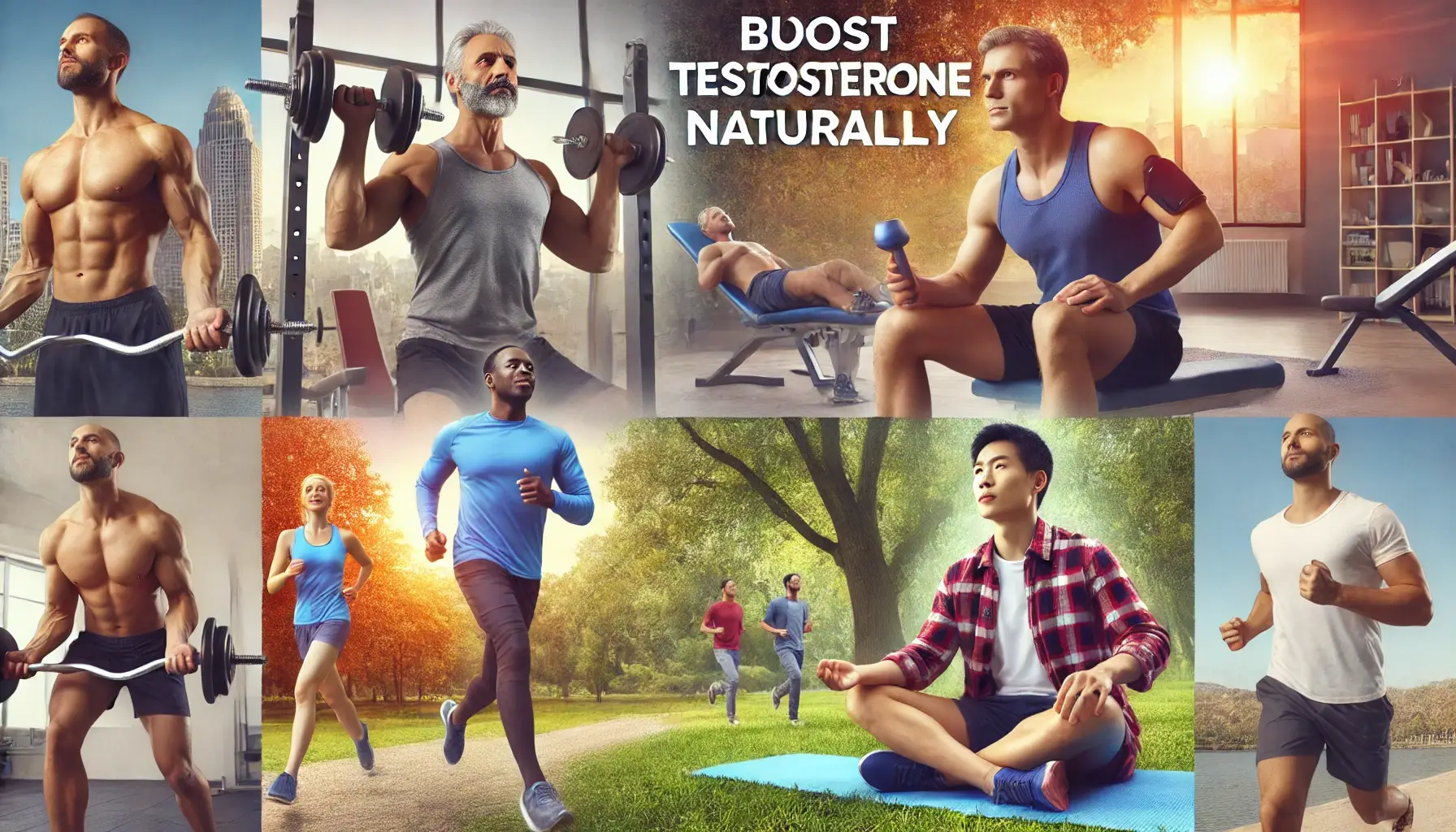 A vibrant and dynamic image showing a diverse group of men engaging in testosterone-boosting activities. It features a middle-aged Caucasian man lifting weights in a gym, a young African American man running outdoors, and an Asian man practicing yoga in a serene park setting. Each man is depicted in a lively, healthy environment, representing an active lifestyle conducive to increasing testosterone naturally.