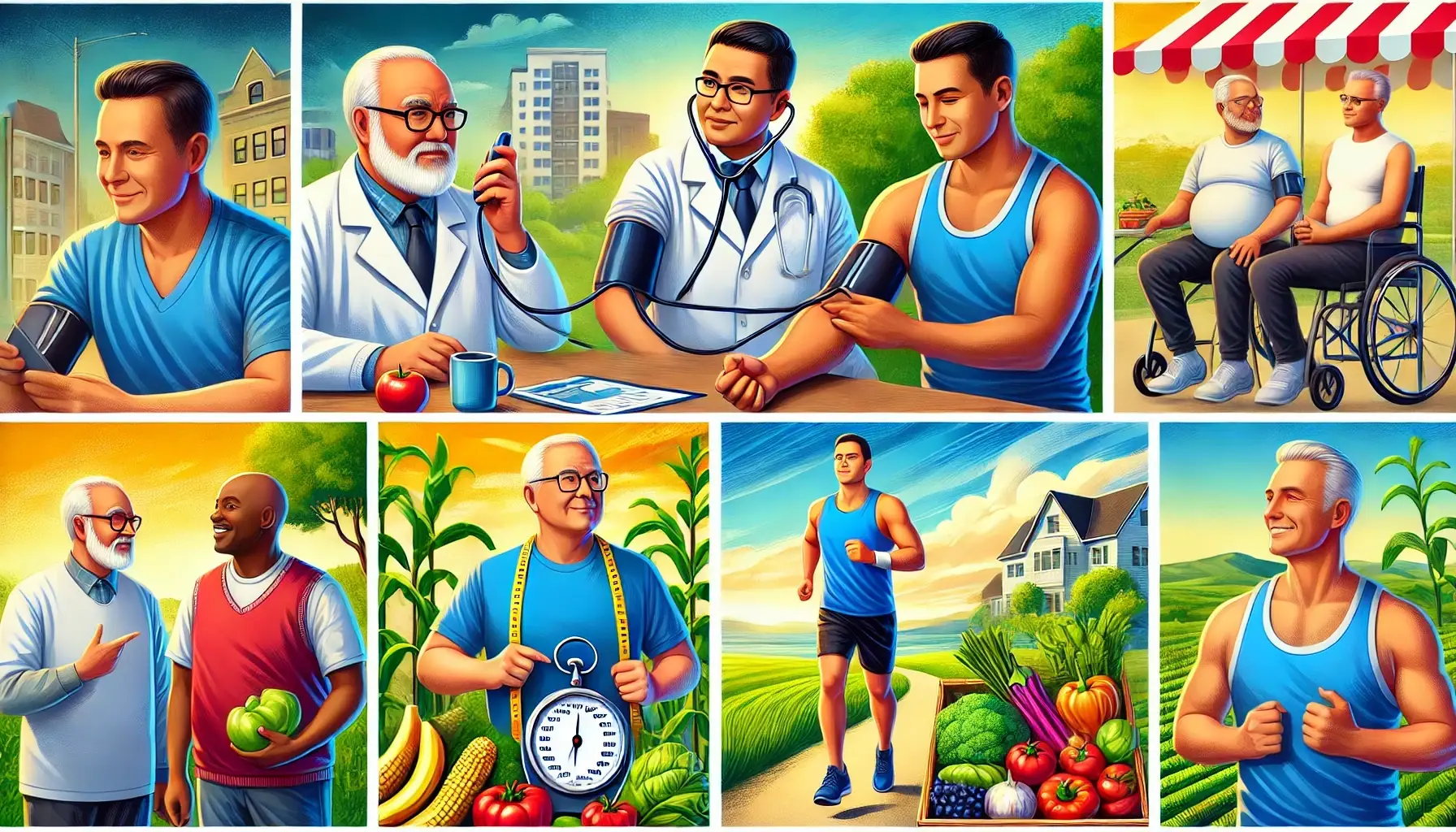 An illustration showing a diverse group of men over 40 engaging in health-related activities. The scene includes a Latino man having his blood pressure checked in a clinic, an Asian man jogging through a scenic park, a Black man measuring his waistline at home, and a Caucasian man selecting fresh vegetables in a market. This image highlights proactive healthcare and healthy lifestyle choices among men over 40, depicting them in various settings that emphasize their commitment to maintaining their health.